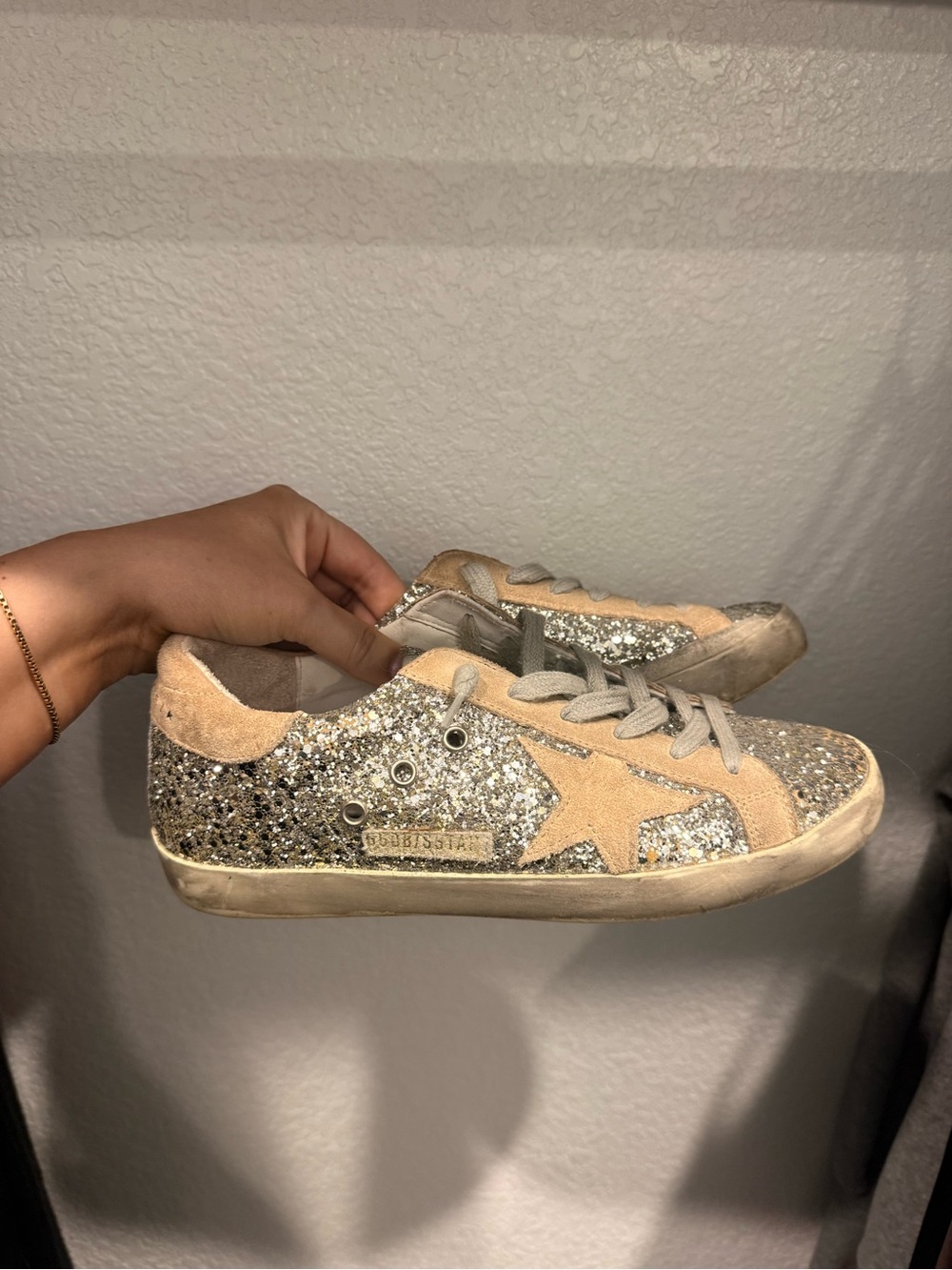Golden Goose Glitter Low-Top Sneakers in Beige and Silver